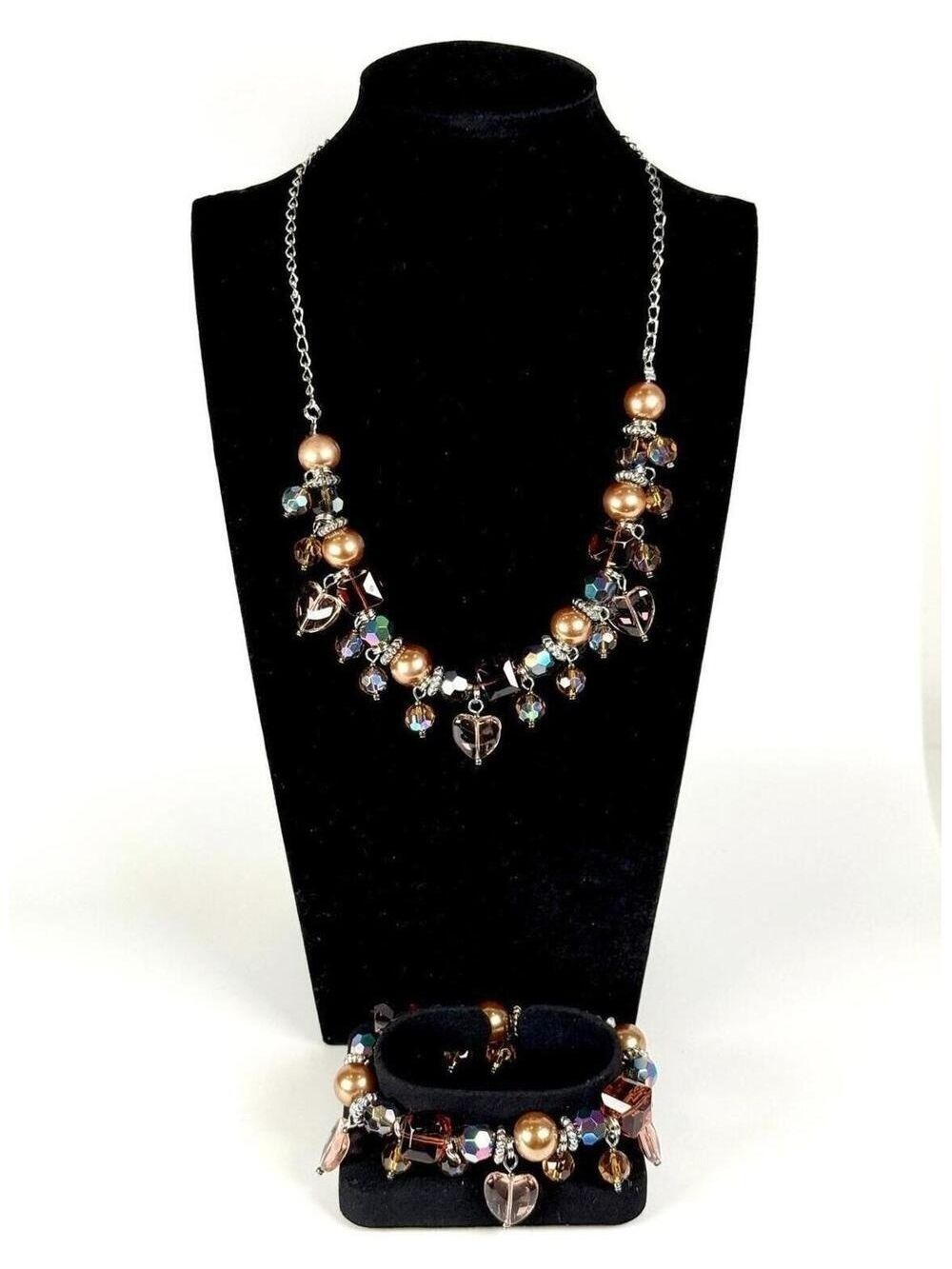 AB Crystal Heart Charm Bib Necklace & Bracelet Set Bronze Faux Pearl Y2K